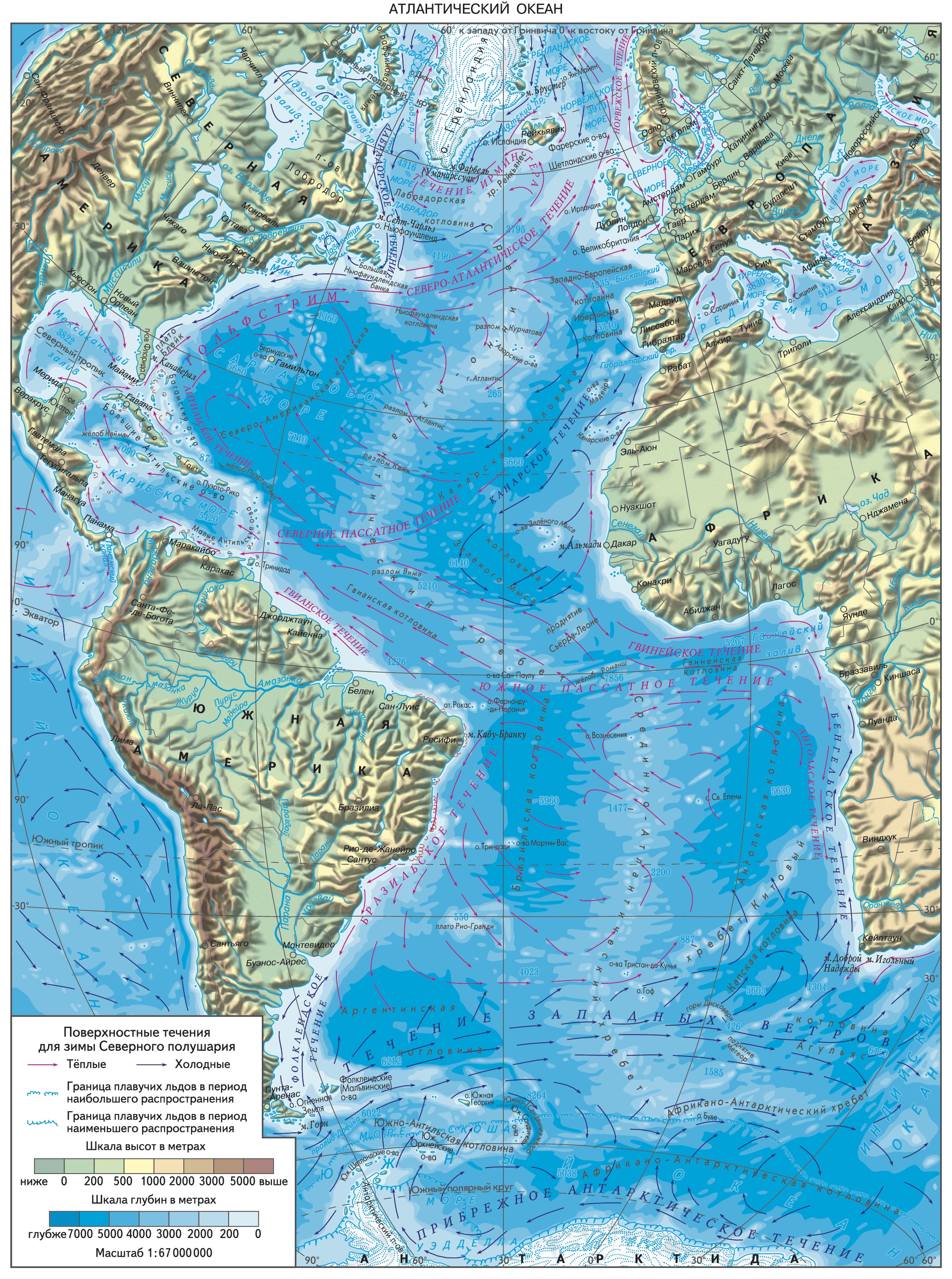 Карта глубин Атлантического океана подробная